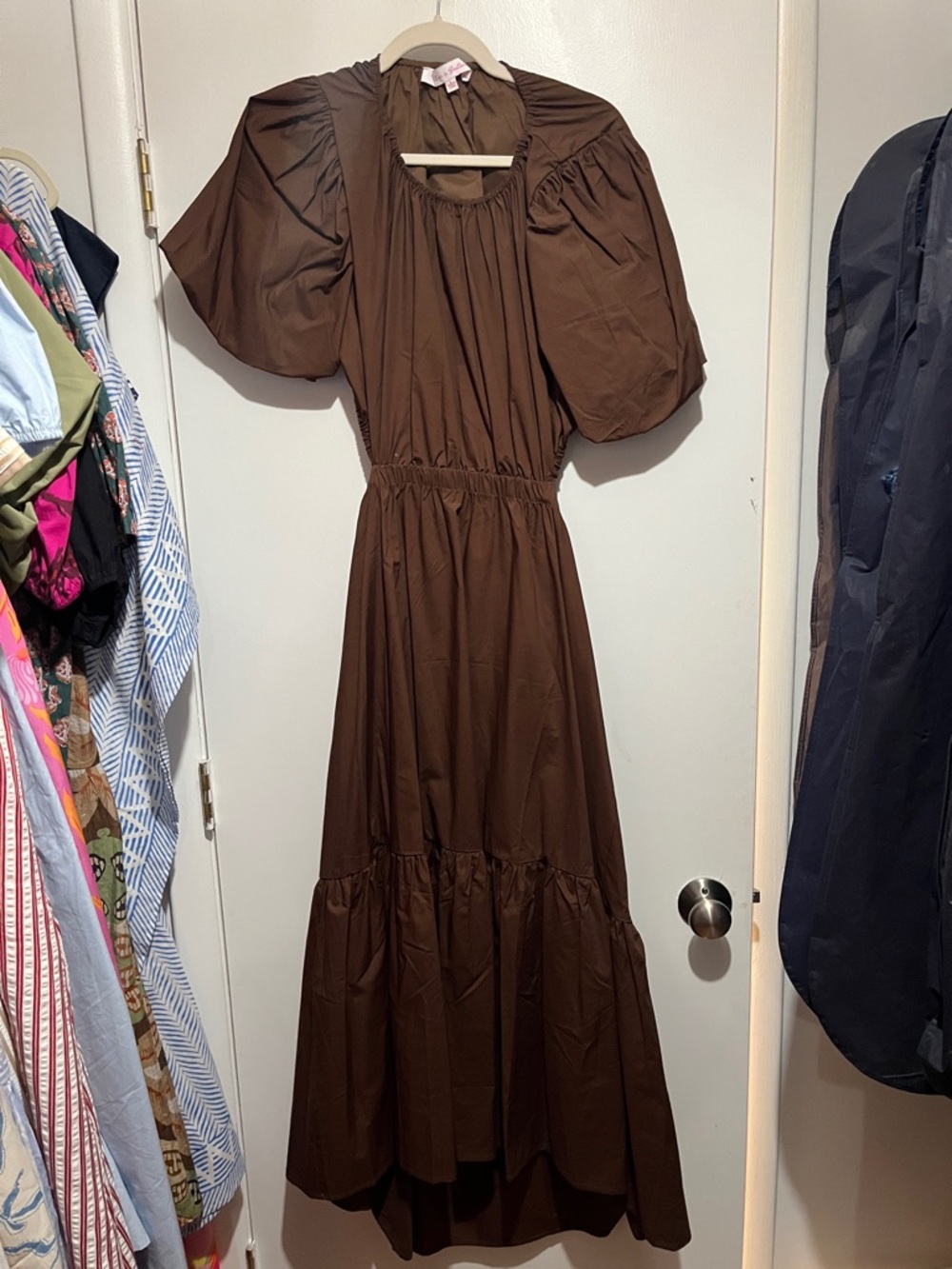 Avara Brown Puff-Sleeve Maxi Dress with Gathered Waist and partial open back